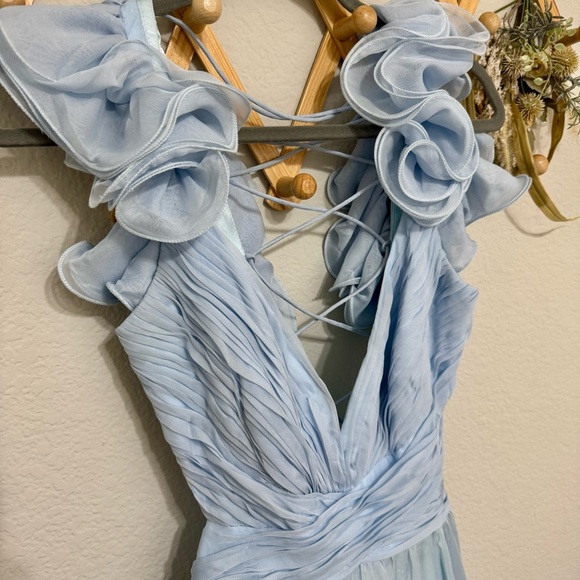 Mac Duggal Ruffle Tiered Cut Out Baby Blue Chiffon Gown Dress Size 10 - Picture 10 of 13